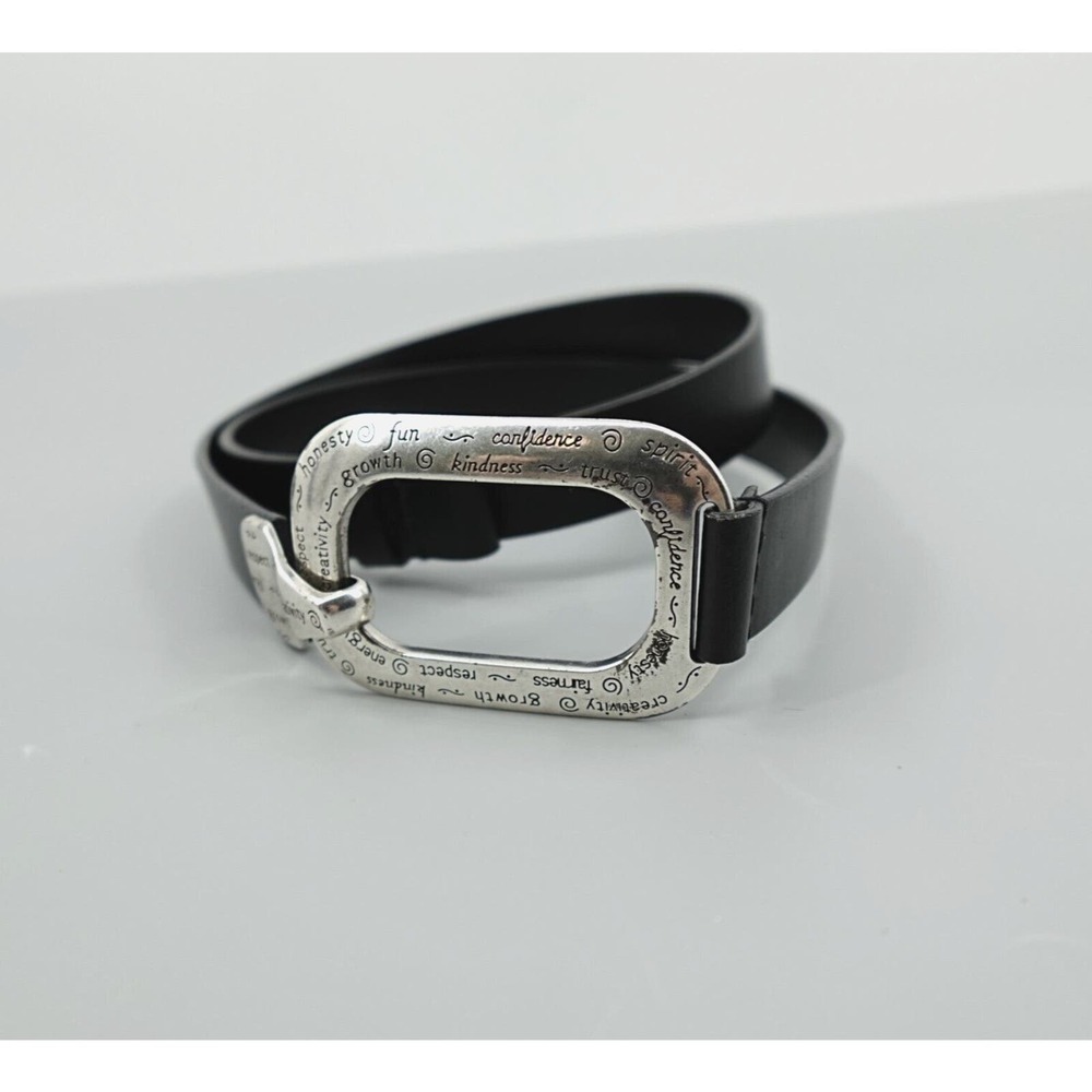 Chicos Belt Womens M-L Black Silver Tone Hook Buckle "Positive Words" Engraved